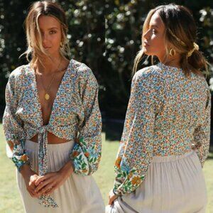 Floral Tie-Front Crop Top - Blue and Orange